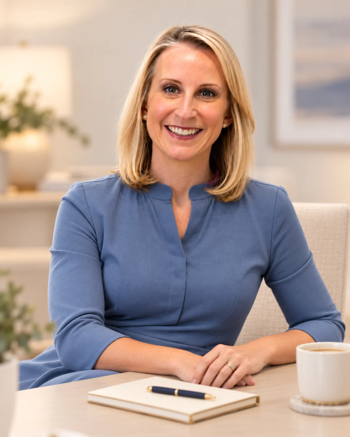 Tracie Smith in a blue dress, seated at a table